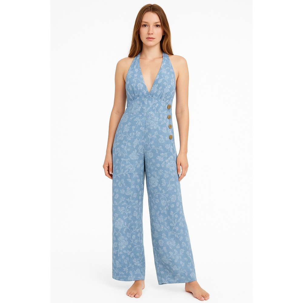 Free People Dance All Night Birthday Jumpsuit Size 12 Blue Floral Side Button Up